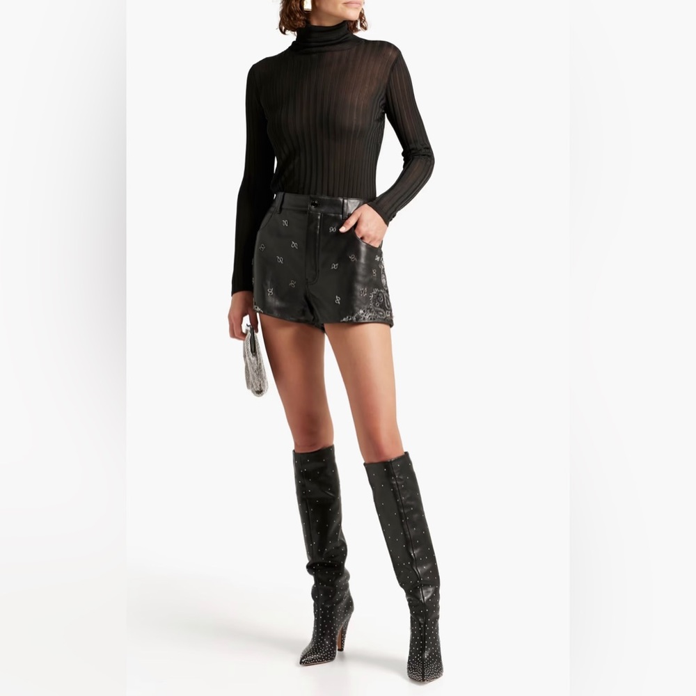 YSL Saint Laurent High Rise Embellished Embroidered Lambskin Leather Shorts - Picture 2 of 15